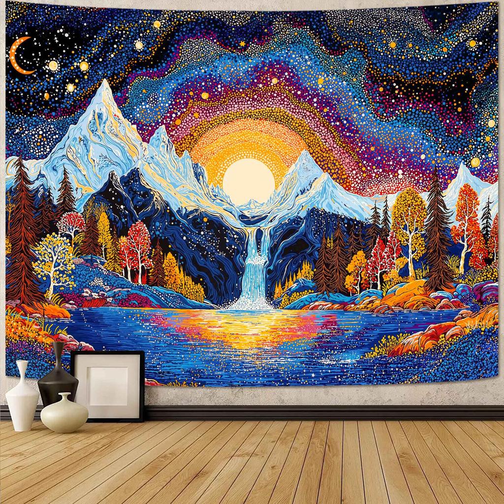 Bohemian Sun Landscape Tapestry, Colorful Sunrise With Mountains And Flowers Wall Art For Aesthetic And Whimsical Room Decor