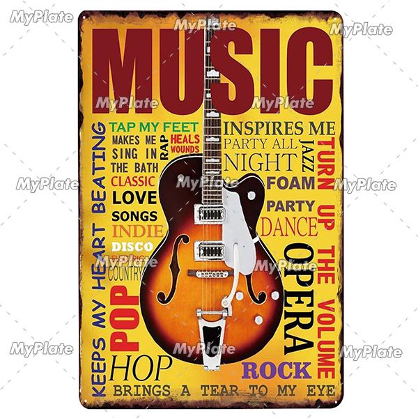 Hudba Gitar Vintage Plechová cedule Plechová cedule Rock Plaketa Domov Nástěnná dekorace Barová cedule Domácí Dekor Země Plakát Drop Shipping