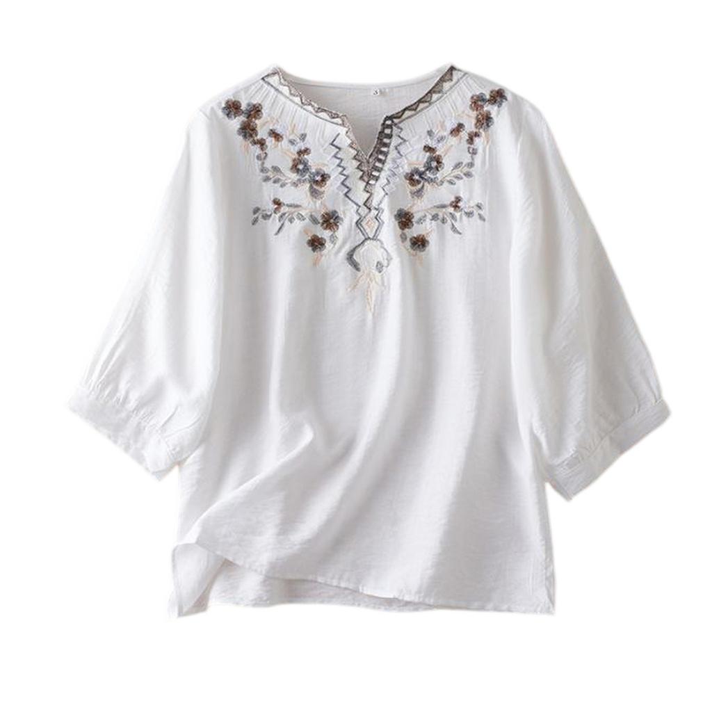 Women's Vintage Inspired Loose Fit Mid-Sleeve Cotton Linen Blend Embroidered Top