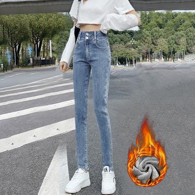 Winter Herfst Plus Fluwelen Casual Hoge Taille Stretch Dames Potloodbroek Jeans Denim Cropped Broek Plus Size