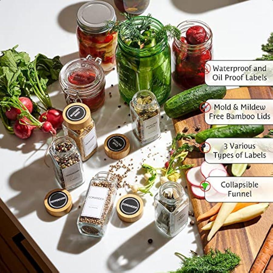 Glass Spice Jars with Label Set Bamboo Lids and Funnel Kitchen Airtight Storage Jars with Lids Spices and Seasonings Sets Organ