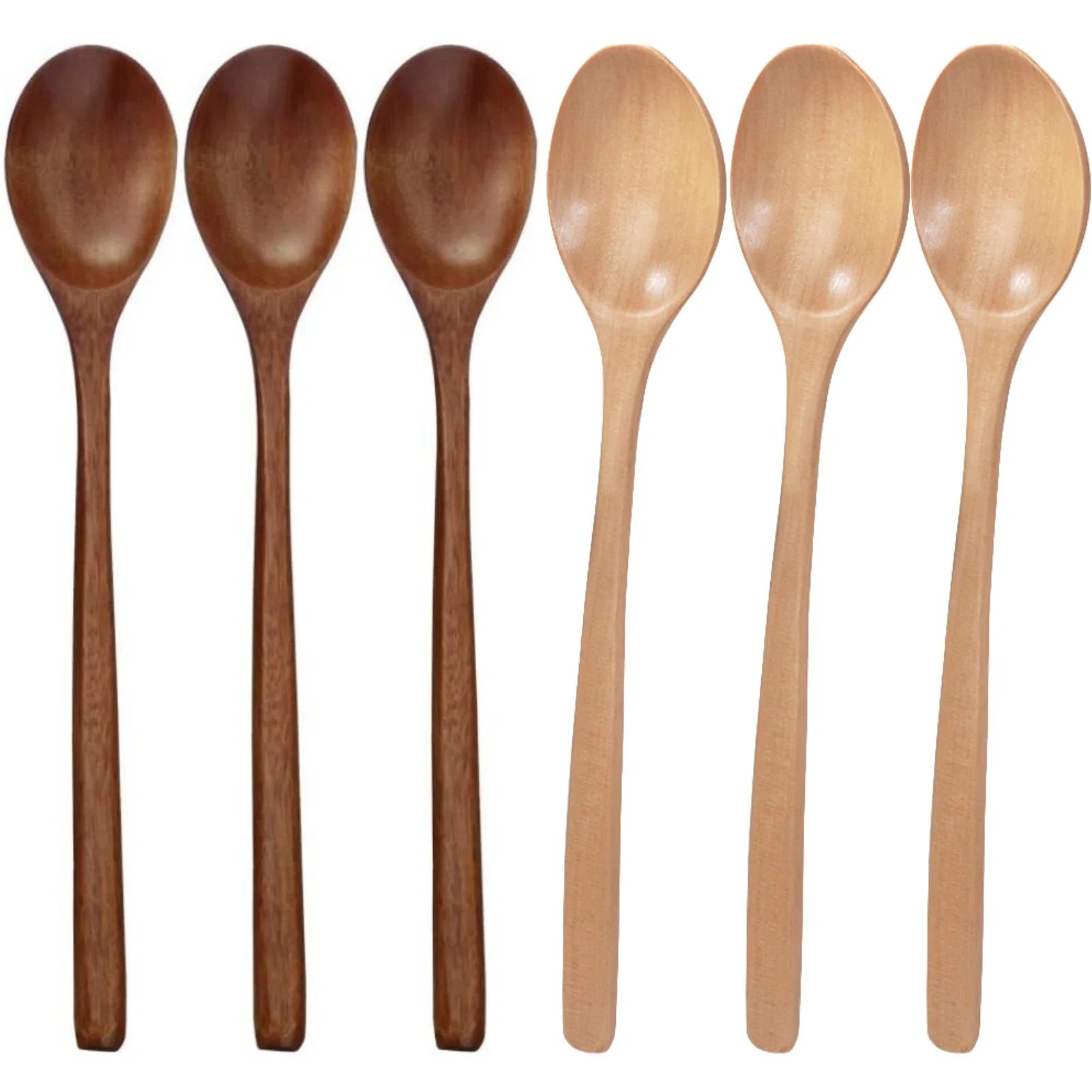 6 Piece Wooden Spoon Bamboo Kitchen Korean Style 9    Inch Natural Wood Soup Tableware Cooking Honey Coffee Spoon Mixing Spoon