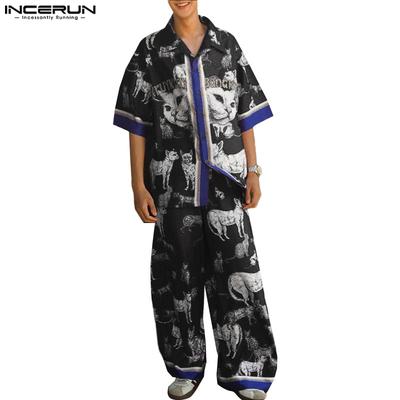 Two Pieces Sets Men Short Sleeve Cartoon Print Shirts Pants Casual Loose Outfits