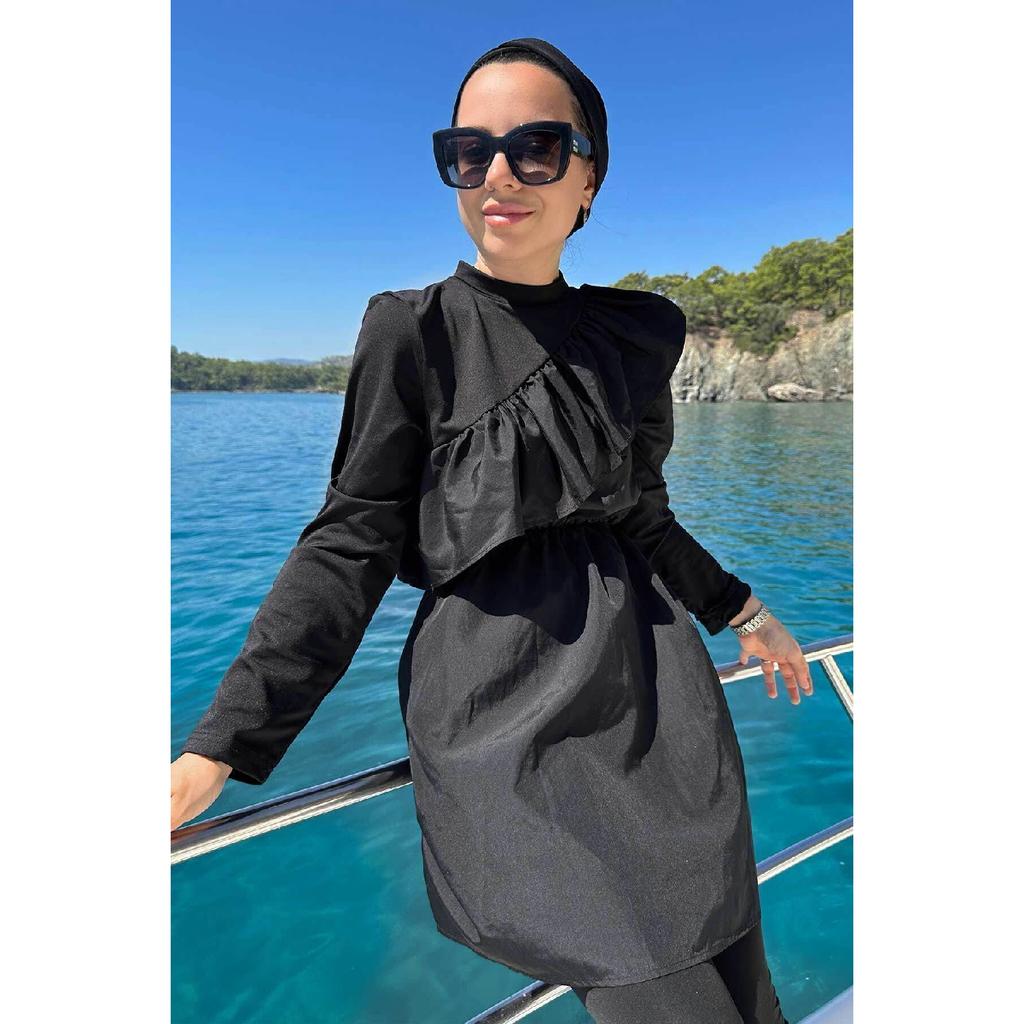 Ruffle Detail Fully Covered 2-piece Hijab Swimsuit - Black