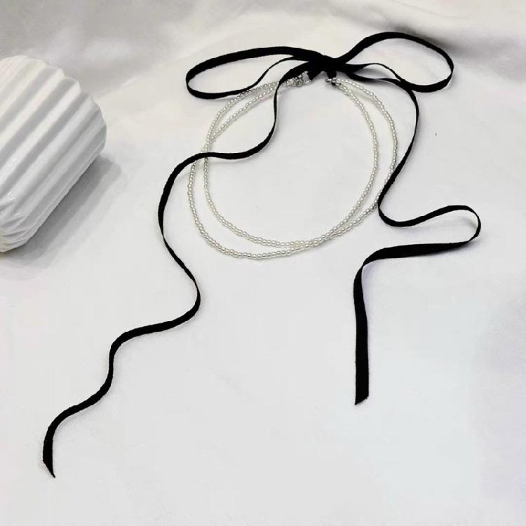 Chic Ribbon Necklace Pendant Necklace Double Layer Necklace Beads Necklaces