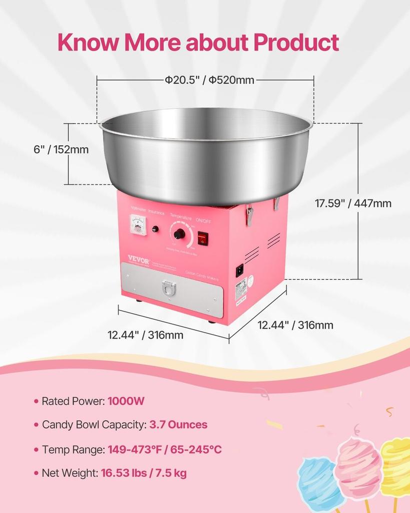 Commercial Cotton Candy Machine Sugar Floss Maker 1000W for Party Pink