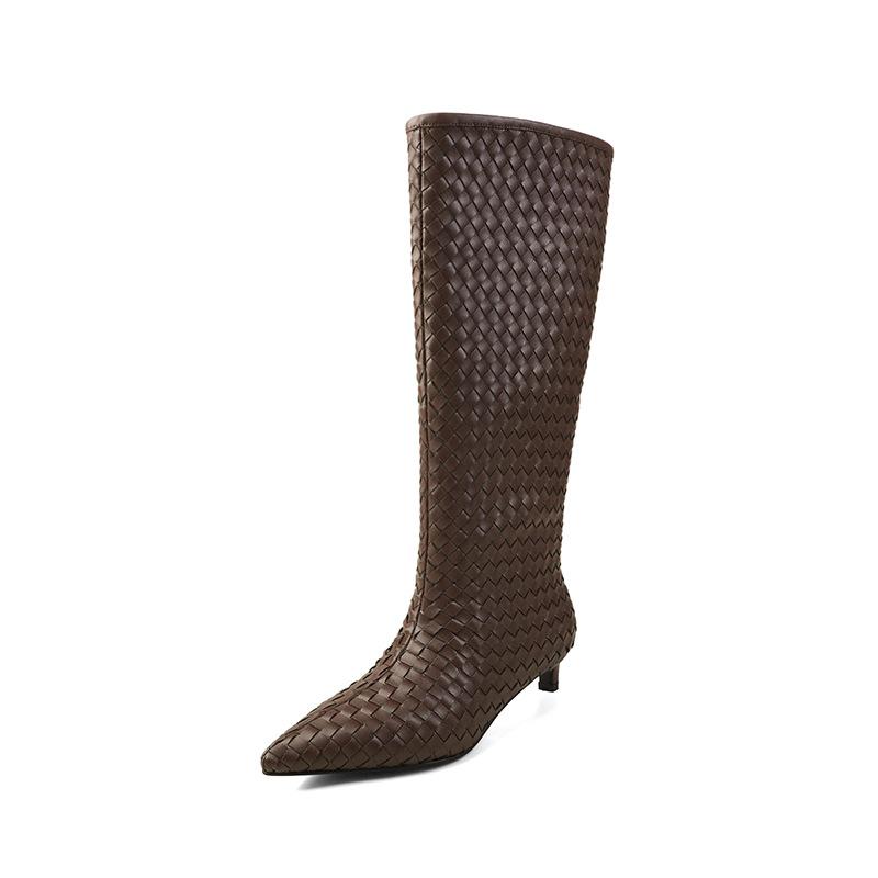 3.7CM autumn new microfiber woven small short boots pointed minimalist style fashionable versatile pointed thin heel high boots
