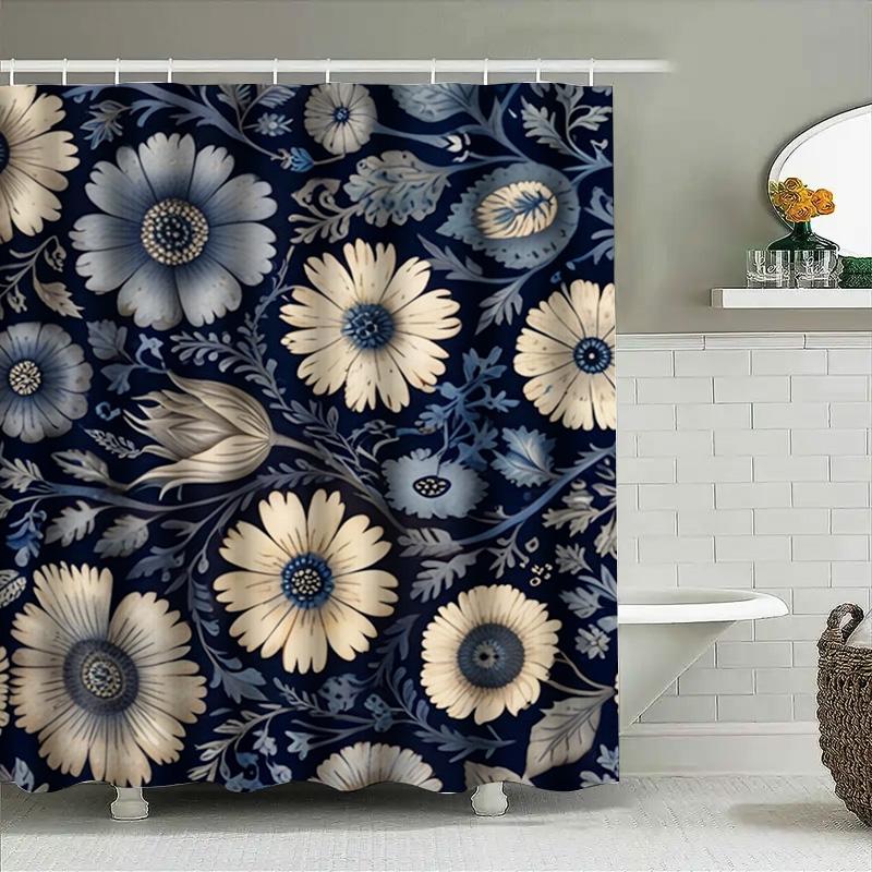 Vintage Blue Bath Shower Curtain Floral Print Home Decor Waterproof Custom Size 3D Decoration Bathroom Wall Hanging