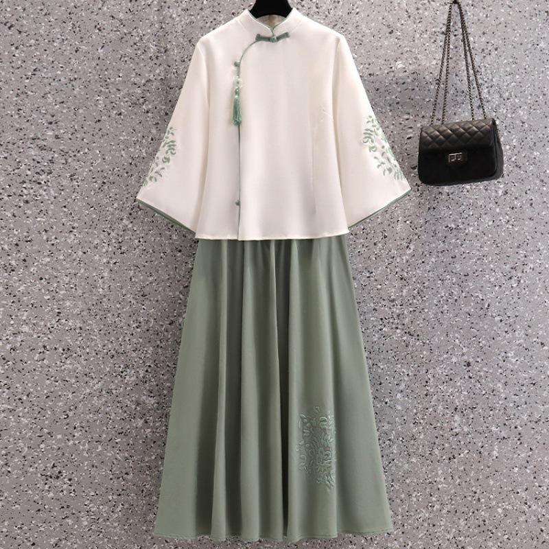 Modern Chinese Tang Suit Hanfu Tea Set: Seven-Sleeve Embroidered Skirt Outfit for Summer