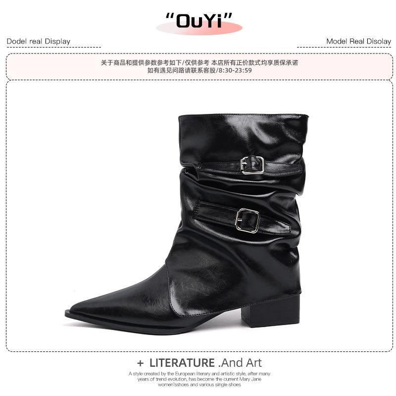 Cowhide Version~ Pointed Western Cowboy Boots Women's Autumn and Winter Thin Maillard Short Boots Retro Thick Heel Medium Tube Knight Boots