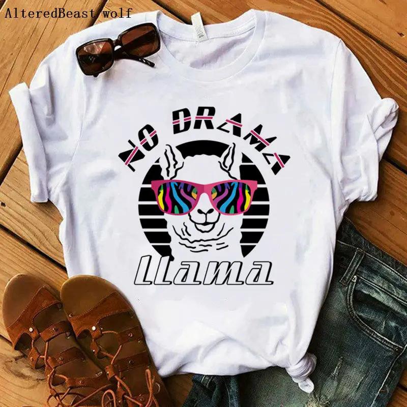 NO DRAMA LLama TShirts Women Funny Printed Llama T Shirt Femme Women Cartoon Short Sleeve White Tops Christmas Tshirt Clothes S