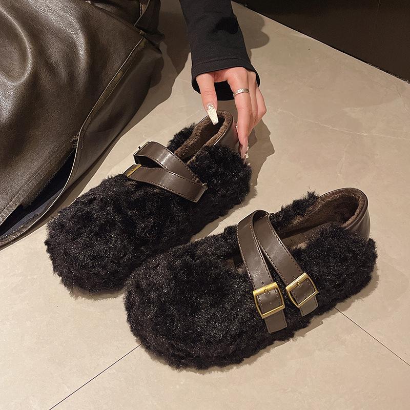 Mary Jane fluffy shoes women's autumn and winter wear 2025 new flat-soled soft-soled lamb wool bean shoes with fleece floating shoes