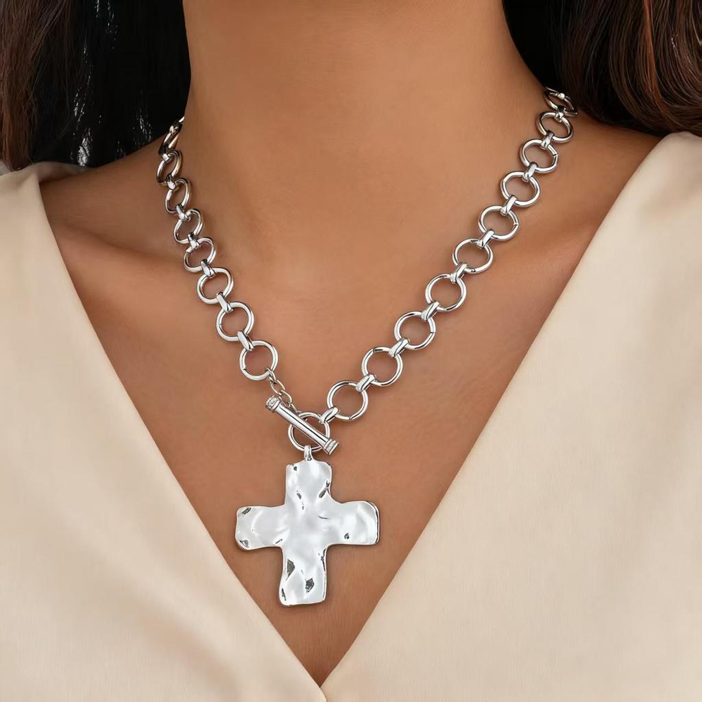 European and American Cross Pendant Necklace with OT Buckle Chain - Punk Style Heart Design for Women