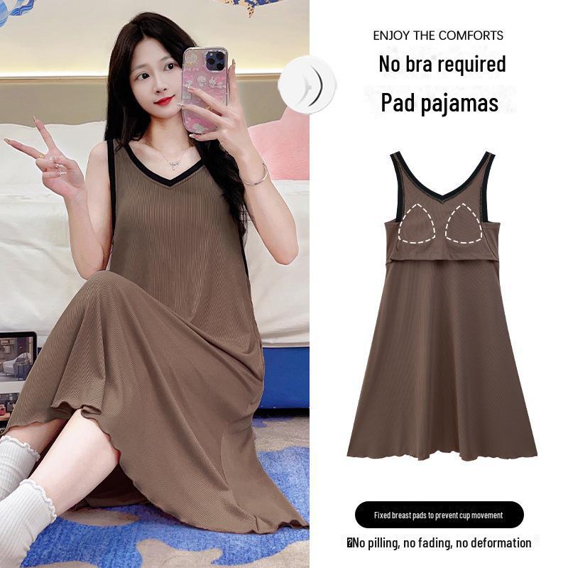 Women's Summer Ice Silk Two-Piece Nightdress with Breast Pads - Short-Sleeved, Sweet, Knee-Length