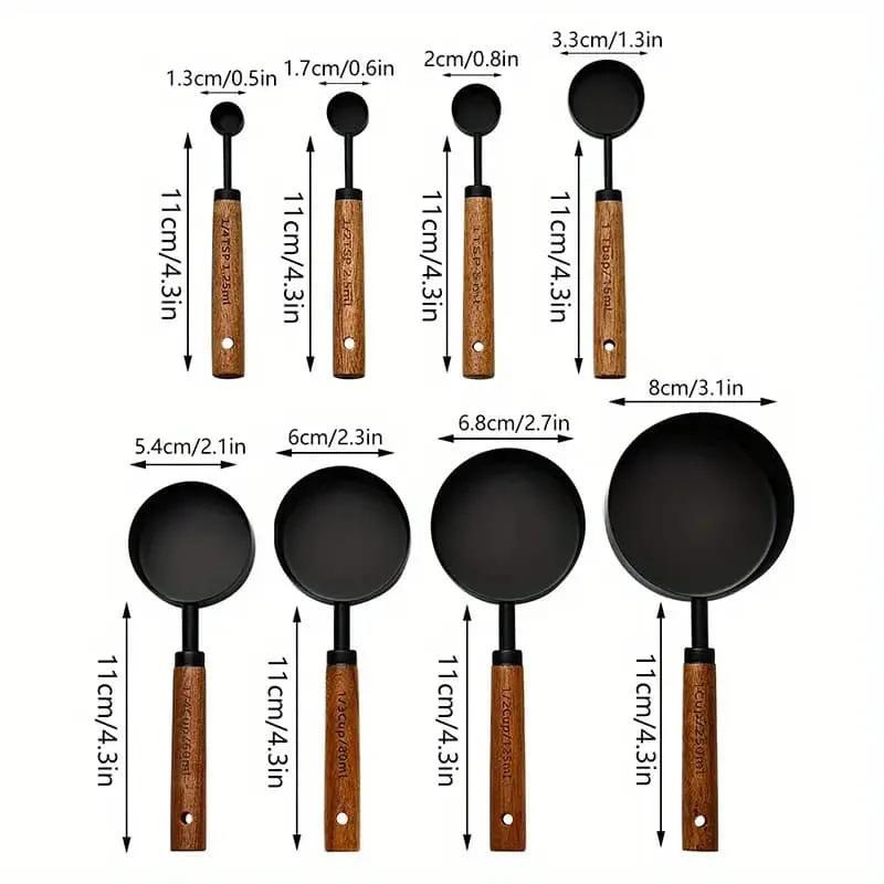 8-Piece Stainless Steel Measuring Cups & Spoons Set with Acacia Wood Handles for Baking & Coffee Seasoning