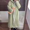 Women's Striped Fleece Hooded Robe, Thickened Warm Flannel Coral Velvet Loungewear Pajama Sets