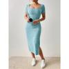 Summer Square Neck, Hip-Hugging Mid-Length Skirt, Short-Sleeved, Versatile Knitted Slit Dress