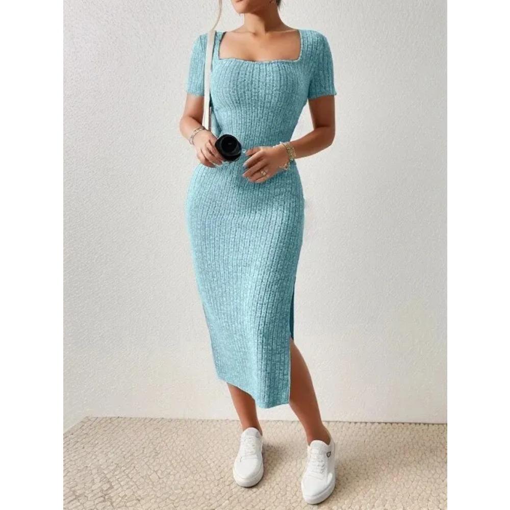 Summer Square Neck, Hip-Hugging Mid-Length Skirt, Short-Sleeved, Versatile Knitted Slit Dress