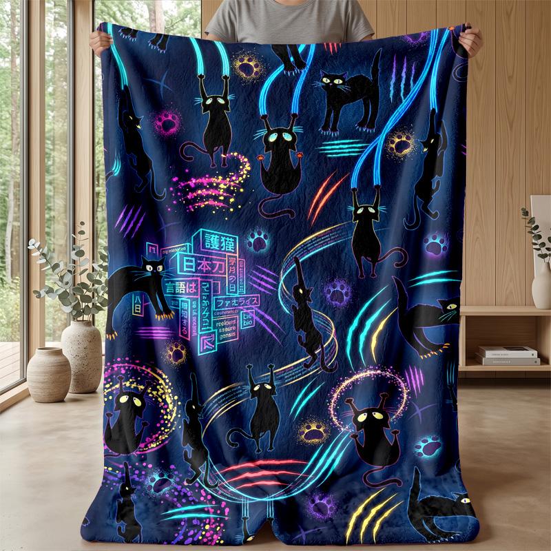 Neon Cats In Space Theme Blanket Lightweight Warm Flannel Blanket Decorative Throw Blanket for Home Decoration