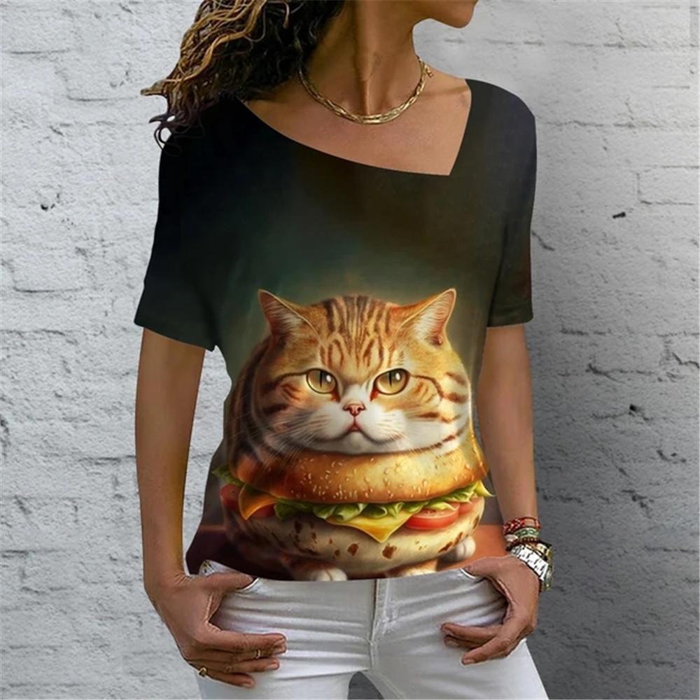 Sexy Scollo Obliquo Gatto Carino Stampa 3D Versatile T-shirt da Donna Vintage Harajuku Manica Corta Estiva Casual Abbigliamento Femminile