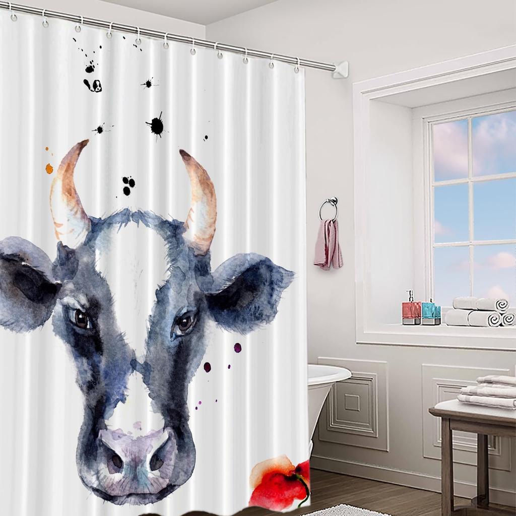 Shower Curtain Watercolor Cow Face Farmhouse Style Bath Decor Waterproof Fabric Boho Rustic Home Accessories Kitchen Living Room