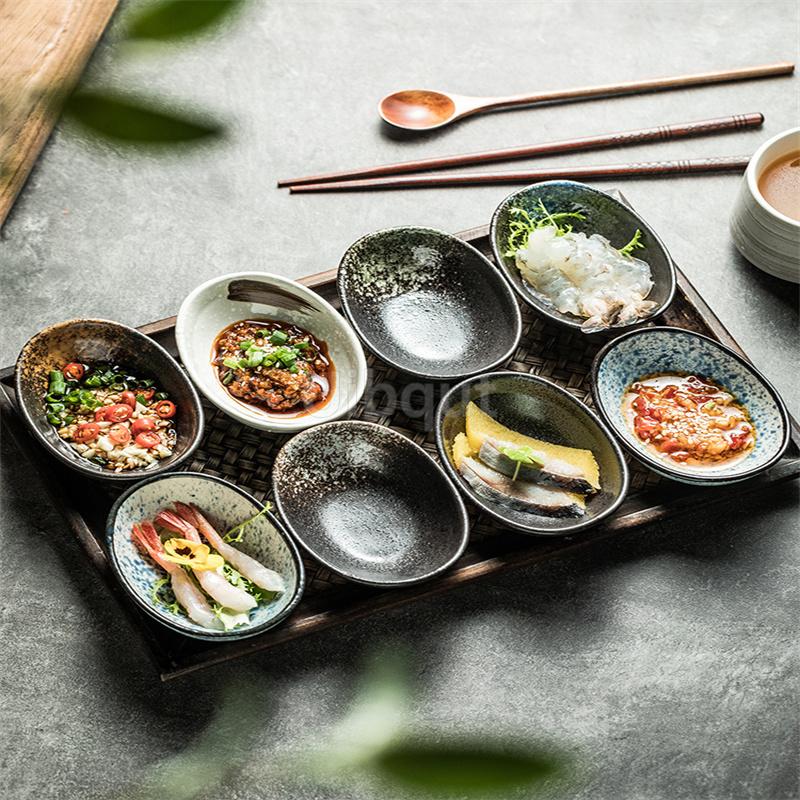 Ceramic Dim Sum Dish 100ML Japanese Retro Style Snack Bowl Household Creative Oval Hot Pot Dipping Sauce Plate Kitchen Utensils