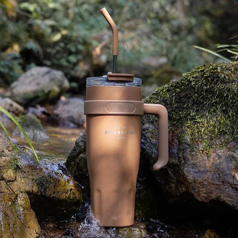 1100ml Thermos Water Bottle Stainless Steel Coffee Cup with Straw Keeps Cold and Heat Large Capacity Insulated Car Thermos Mug