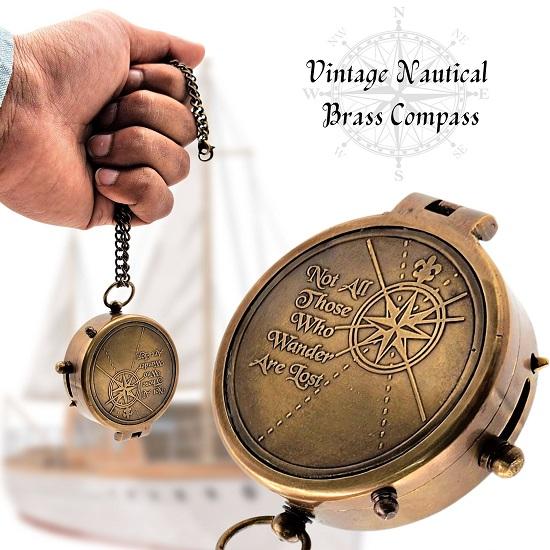 Nautical Compass Not All Those Who Wander Are Lost Engraved Solid Brass Navigational Vintage Marine Compass with Wooden Box