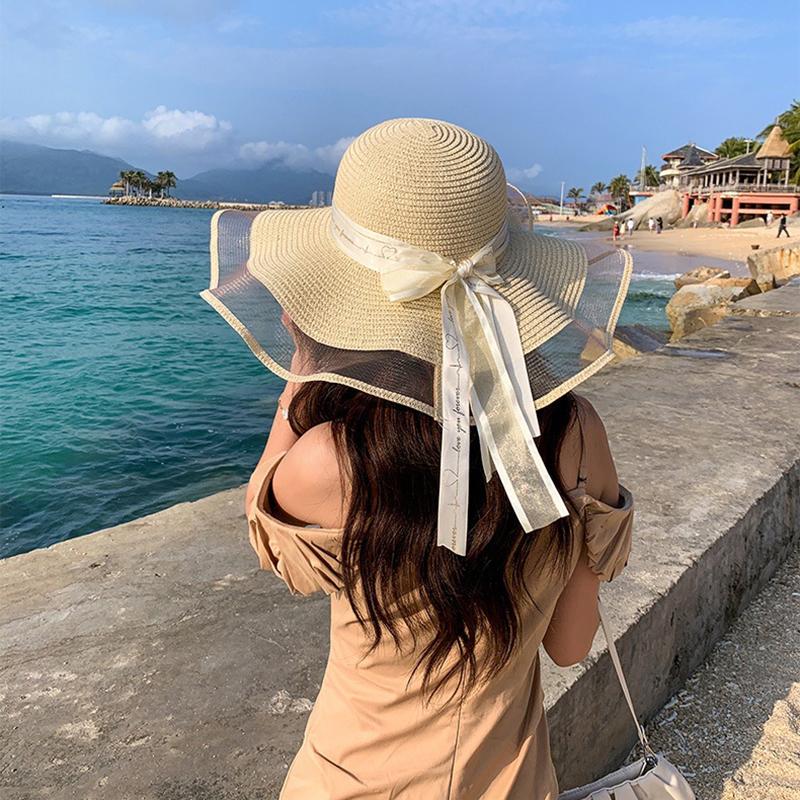 Fashion Flat-Topped Straw Hats Girls Wide Brim Sun Hat Outdoor Lace Bow Strap Lightweight Uv Protection Beach Cap