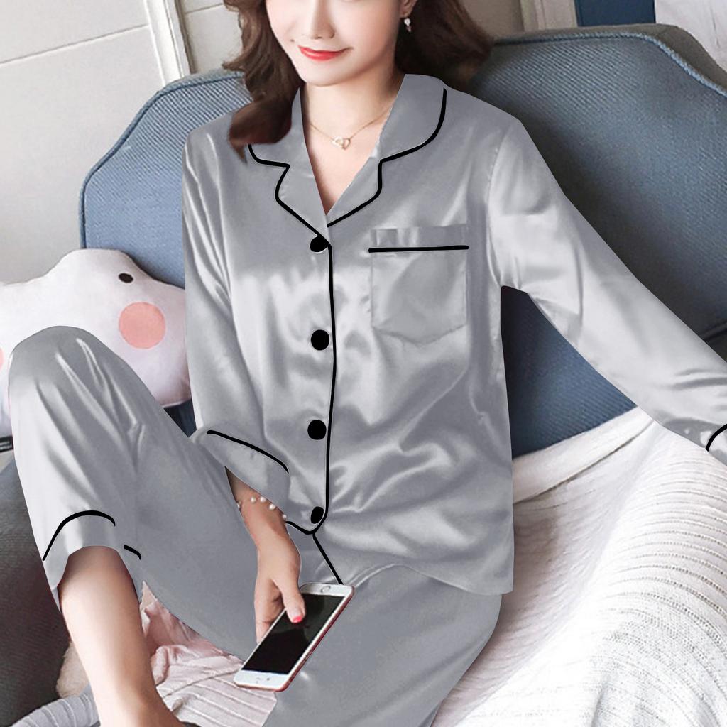 Women's Casual Cardigan Long Sleeve Pajamas Set Ice Silk Home Clothes Two-piece Set