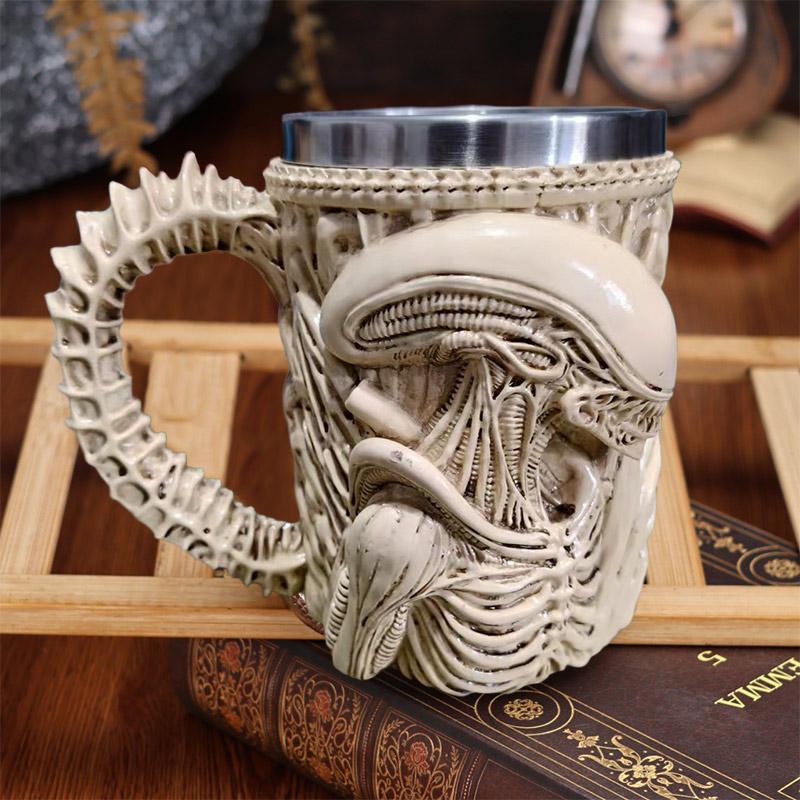 3D Flat Heat Transfer Alien Coffee Cup For Home And Office Creative Resin Stainless Steel Water Cup  Wine Glass Gift