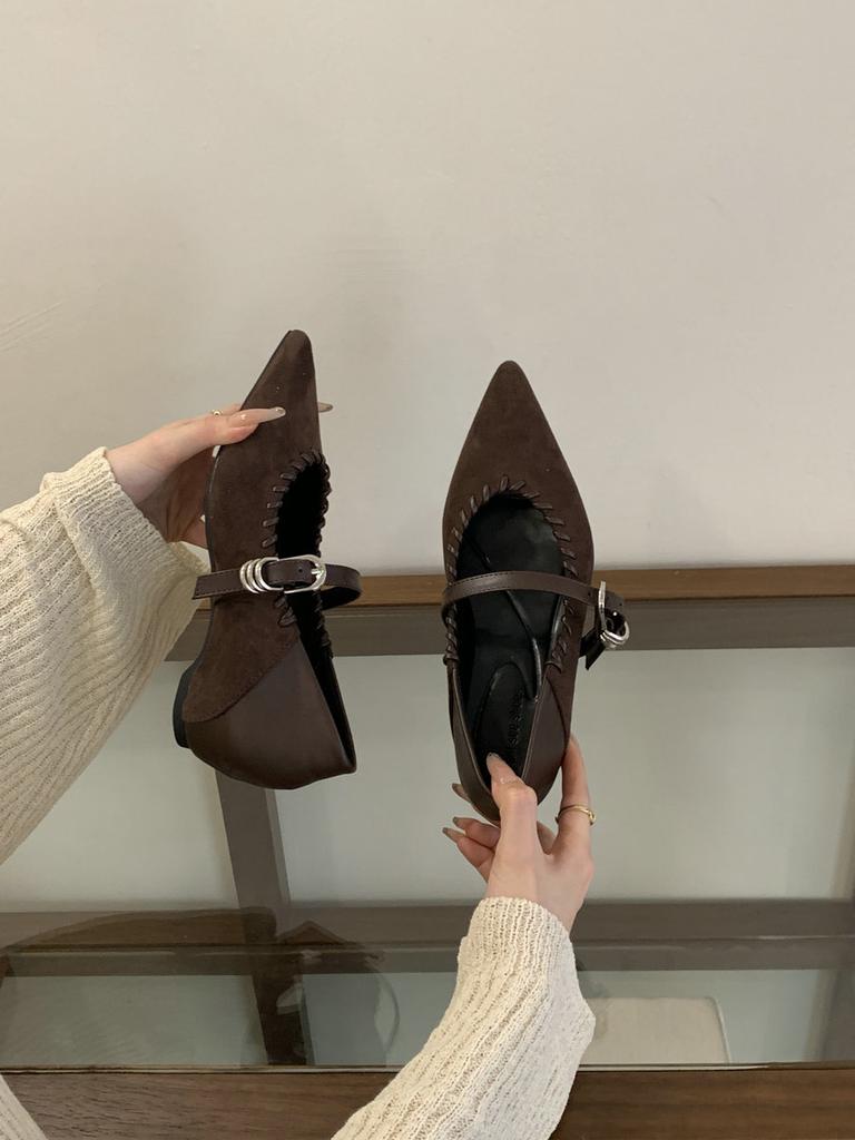 Suede Retro Mary Jane Pointed Inner Height Increase Small Single Shoes 2025 Autumn New Versatile Lazy Stepping Heel Women's Shoes