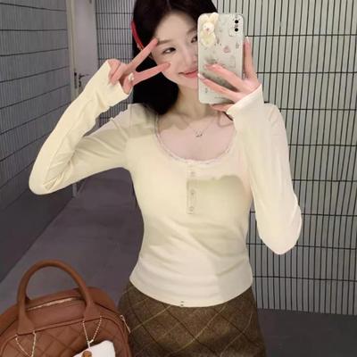 Damen Herbst/Winter Koreanisches Quadratkragen Samt-Top - Warm, Slim Fit, Langarmhemd