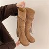 2025 autumn retro fringed knight boots thick heel but knee boots slim pile round head brown boots women
