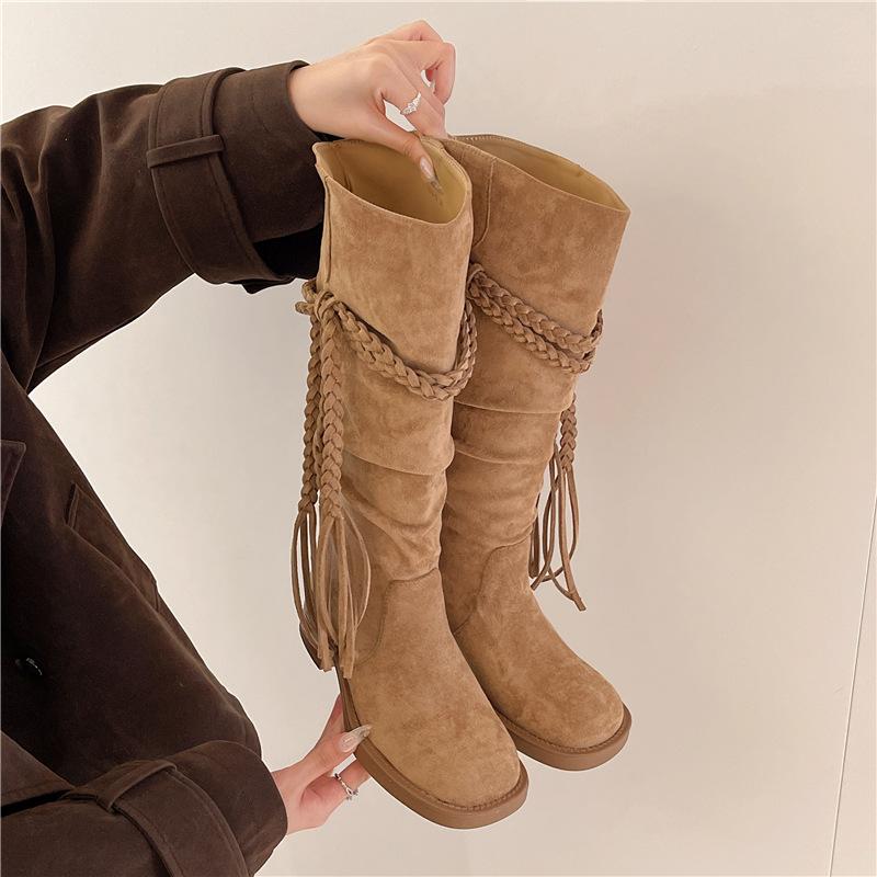 2025 autumn retro fringed knight boots thick heel but knee boots slim pile round head brown boots women