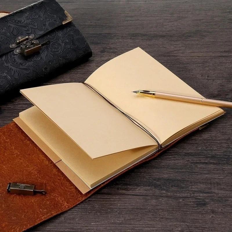 Embossed Pattern Soft Leather Travel Notebook with Lock and Key Diary Notepad Paper for Business Sketching Writing Supplies Gift