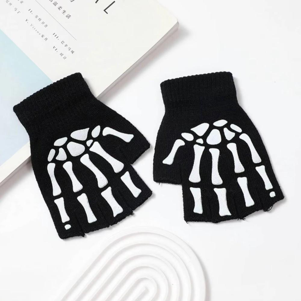 Black Halloween Skeleton Gloves Knitted Skull Half Finger Gloves Punk Skeleton Gloves  Moto Riding