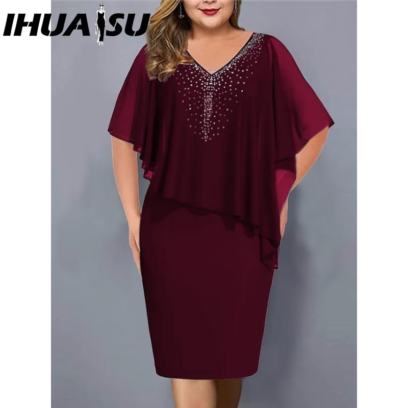 

IHUASU Женское платье большого размера с V-образным вырезом, асимметричное, облегающее ягодицы, шифоновое платье с пайетками(L-5XL) XXL