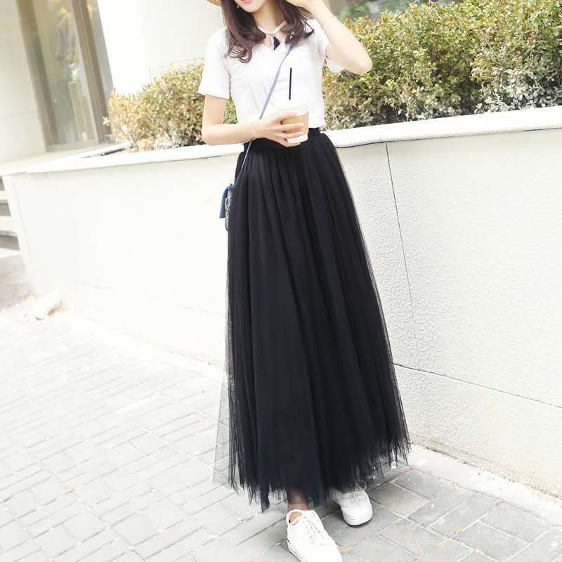 

Весенне-летние универсальные сетчатые юбки с высокой талией, темпераментные длинные юбки средней длины для женщин, тонкие плиссированные юбки 80 чёрный