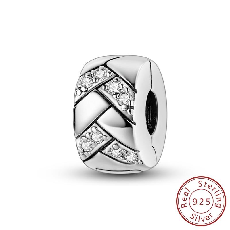 Charm  925 Silver Charms Beads CZ Pave Round Clip Charms Fit Original Bracelet Necklace Charms Jewelry Gift