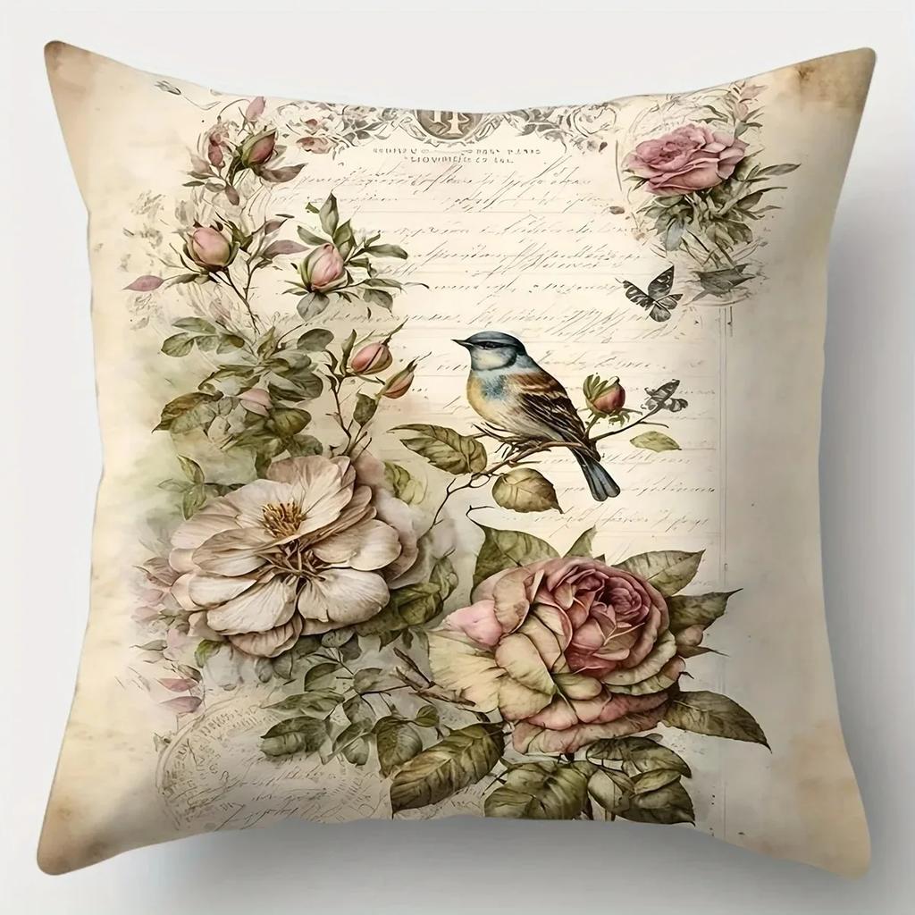 Home Decor Floral & Bird Pattern Decorative Pillow Covers Pattern Cushion Cover Suitable For Sofa Bedroom Car Pillow Cover