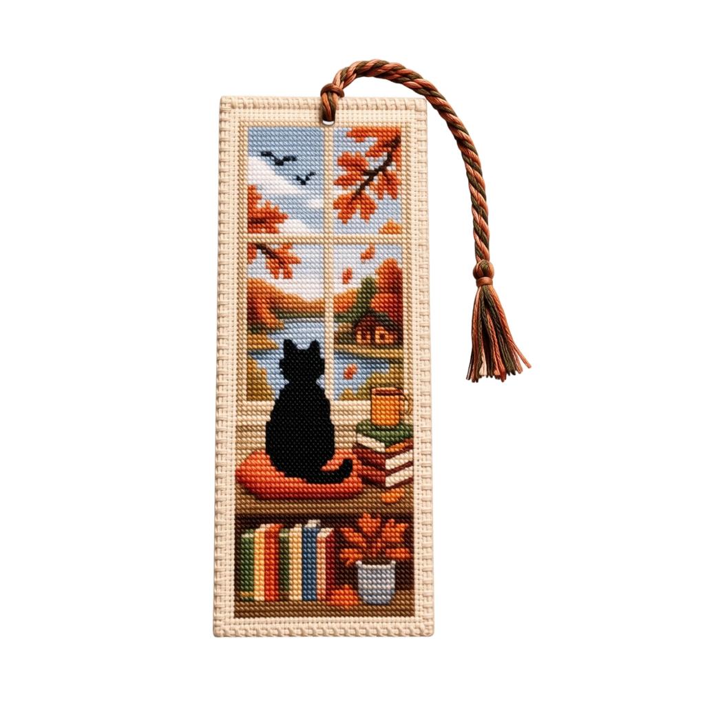 Seasonal Cat Cross Stitch Bookmark with Tassel Handmade Needlepoint Reading Accessory for Book Lovers and Craft Enthusiasts