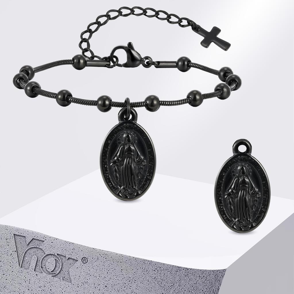 Vnox Women's Rosary Virgin Mary Bracelets, Trendy Stainless Steel Two Style Cross Bracelet, Religious Prayer Charming Jewelry