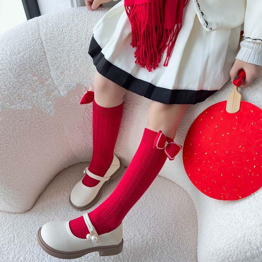 Cotton Bow Hosiery for Kids Middle Tube Children Long Socks Cute New Year Red Socks  Home Socks