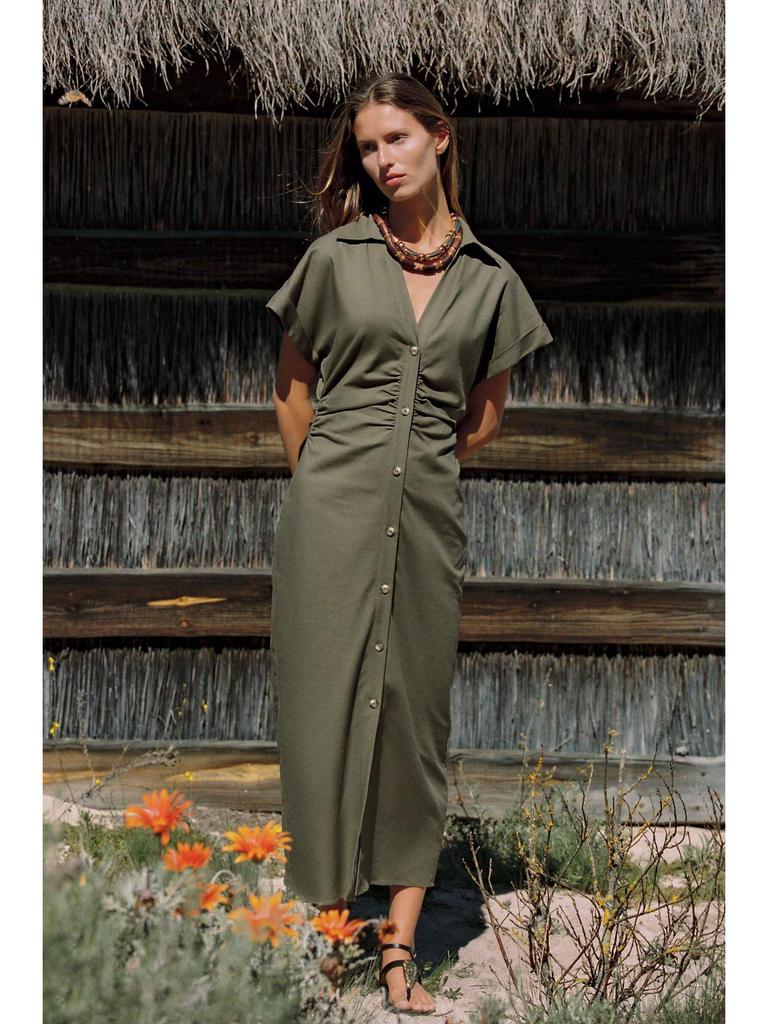 Women's Summer 2025 Linen Blend Slim Fit V-Neck Midi Dress