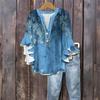 Women's Fashion Casual Button V-Neck Seven Sleeve Vintage Printed Shirt Top