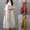 Buttons Decor False Two Pieces Baggy Dress Large Hem V-Neck Solid Color Long Sleeve Retro Dress Streetwear