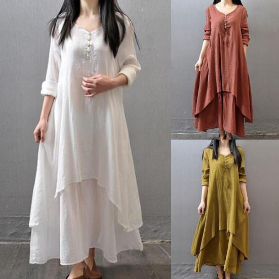 Buttons Decor False Two Pieces Baggy Dress Large Hem V-Neck Solid Color Long Sleeve Retro Dress Streetwear