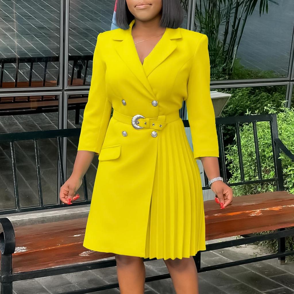 High Waist Slimming Pleated Mid-Length Suit Dress D3284