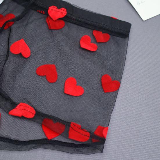 Men Boxer Underwear Elastic Mid-rise Perspective Hollow Mesh Design Boxer Briefs Heart Pattern Underwear Anniversary Gift